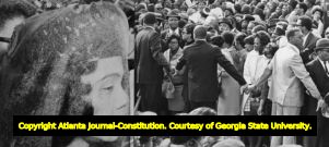 Diptych of a veiled Coretta Scott King, and crowds being held back at the funeral service for Martin Luther King Jr., 1968