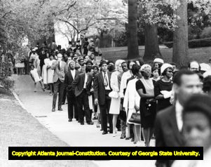 Mourners line up to pay their respects at a memorial service for Martin Luther King Jr. on Spelman campus, 1968
