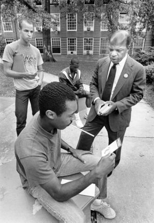 Congressional candidate John Lewis meeting with Clark College students during a campaign rally, 1986