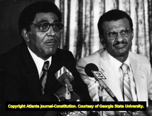 Joseph Lowery (left) and C.T. Vivian at a press conference prior to the trip to Lebanon, Atlanta, Georgia, September 1979.