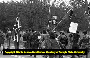 White supremacy activists with Confederate flags at the Forsyth County freedom march, Georgia, January 17, 1987.