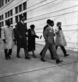 African Americans assembling outside of segregated Municipal Auditorium for a sit-in at the performance of "My Fair Lady", Atlanta, Georgia, March 10, 1960.