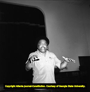 Hosea Williams speaking at the Wheat Street Baptist Church during a MARTA rally, Atlanta, Georgia, August 3, 1980.