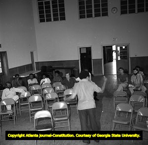 Hosea Williams speaking at the Wheat Street Baptist Church during a MARTA rally, Atlanta, Georgia, August 3, 1980.