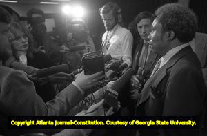 Civil rights leader Ozell Sutton holding a press conference after a community meeting regarding tensions in the African-American community, Atlanta, Georgia, October 29, 1980