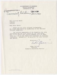 Collins, LeRoy - Community Relations Service, U.S. Department of Commerce, regarding the National Citizens' Committee, 1964