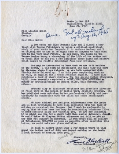 Blackwell, Louise and Clay, Frances - Florida State University regarding a critical study of Smith's work, 1965