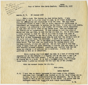 Mumford, Lewis - Historian, sociologist, regarding One Hour, 1957