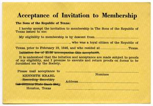 Acceptance of Invitation to Membership, The Sons of the Republic of Texas