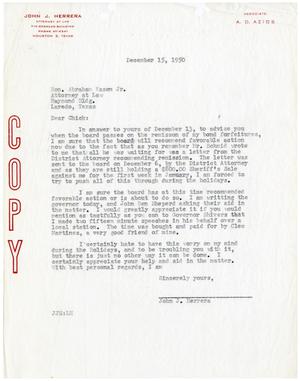 [Letter from John J. Herrera to Abraham Kazen, Jr. - 1950-12-15]