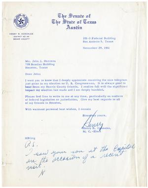 [Letter from Henry B. Gonzalez to John J. Herrera - 1961-11-29]