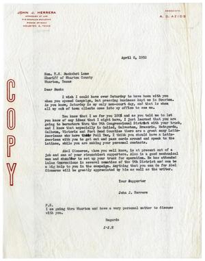 [Letter from John J. Herrera to T. W. "Buckshot" Lane - 1952-04-08]