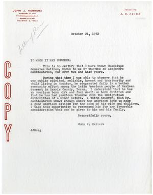 [Letter of recommendation from John J. Herrera - 1952-10-21]