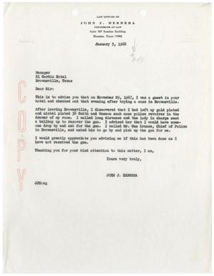 [Letter from John J. Herrera to the Manager of the El Gardin Hotel - 1968-01-05]