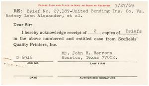 [Acknowledgment of receipt of briefs by John J. Herrera - 1969-03-27]