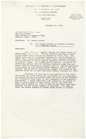 [Letter from Sandra F. Stephens to Manuel Lozano of La Cronica of Texas, Inc. - 1974-11-27]