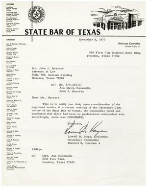 [Letter from Lowell B. Hays to John J. Herrera - 1970-11-06]
