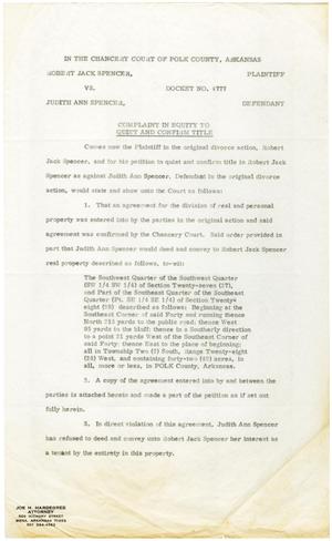 [Complaint in Equity to Quiet and Confirm Title, Robert Jack Spencer vs. Judith Ann Spencer - 1973-02-12]