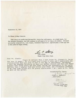 [Correspondence between Luiz Alaniz and John J. Herrera - 1977-09-13]