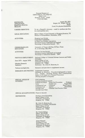 [Resume of Gregorio S. Velasquez - 1977]
