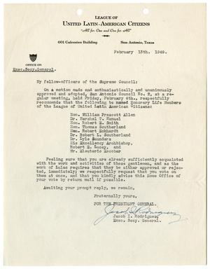 [Letter from Jacob I. Rodriguez to officers of LULAC Supreme Council - 1949-02-13]