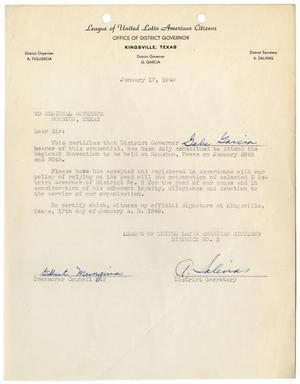 [Letter from Gilbert Munguia and A. Salinas to Regional LULAC Governor, Houston, Texas - 1949-01-17]