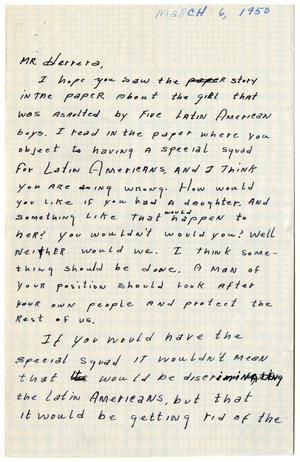 [Anonymous letter to John Herrera - 1950-03-06]