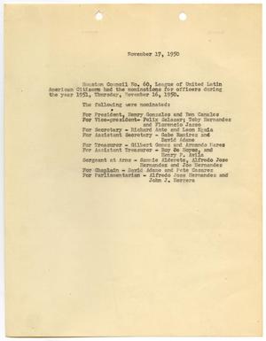 [List of Officer Nominations for Houston LULAC Council Number Sixty - 1950-11-17]