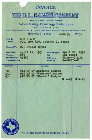 [Invoice from The D. L. Ballich Company to LULAC - 1951-06-05]