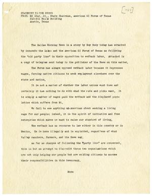 [Press statement and telegram from Ed Idar, Jr., to E. M. Dealey - 1951]