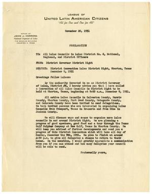 [Proclamation to LULAC District 8 Councils - 1951-11-20]