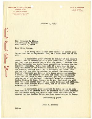 [Letter from John J. Herrera to Rebecca B. Flores - 1953-10-07]