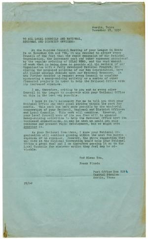 [Letter from Frank M. Pinedo to all local LULAC Councils and national, regional and district officers - 1954-11-18]