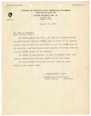 [Letter from Justo Correa to John J. Herrera - 1960-08-17]