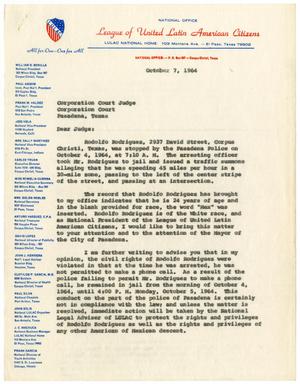 [Letter from William D. Bonilla to Corporation Court Judge - 1964-10-07]