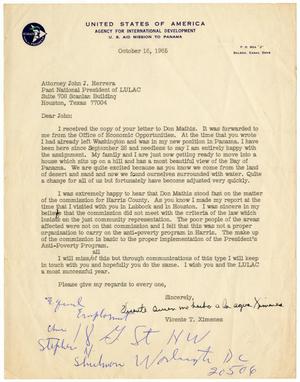 [Letter from Vicente T. Ximenes to John J. Herrera - 1965-10-16]