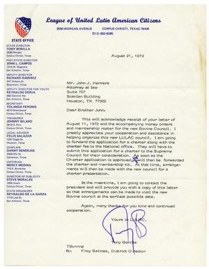 [Letter from Tony Bonilla to John J. Herrera - 1972-08-21]