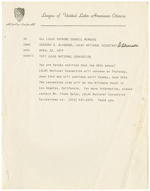 [Memorandum from Deborah D. Alvarado to all LULAC Supreme Council members - 1977-04-22]