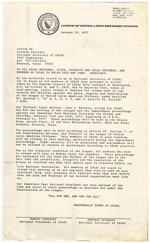 [Letter from Manuel Gonzales and Deborah D. Alvarado to all members of the League of United Latin American Citizens - 1977-01-24]