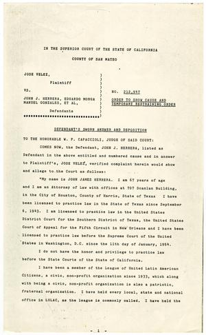 [Defendant's sworn answer and deposition, Joe Velez vs John J. Herrera, Eduardo Morga, Manuel Gonzales, et al - 1977-07]