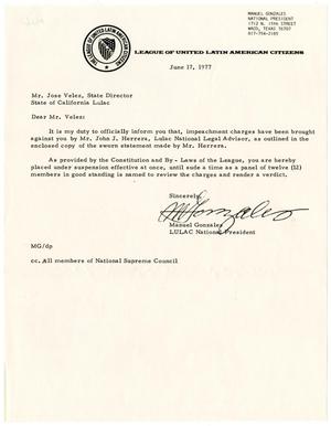 [Letter from Manuel Gonzales to Joe Velez - 1977-06-17]