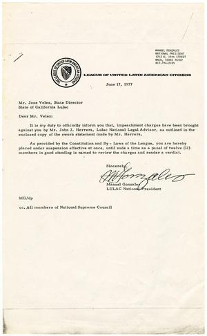 [Letter from Manuel Gonzales to Joe Velez - 1977-06-17]