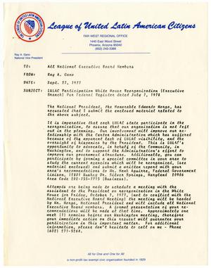 [Memorandum from Ray A. Gano to All LULAC National Executive Board Members - 1977-09-27]