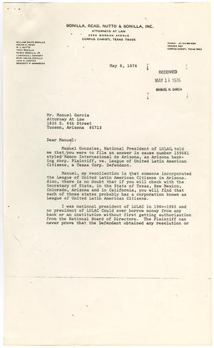 [Letter from William D. Bonilla to Manuel Garcia - 1976-05-08]
