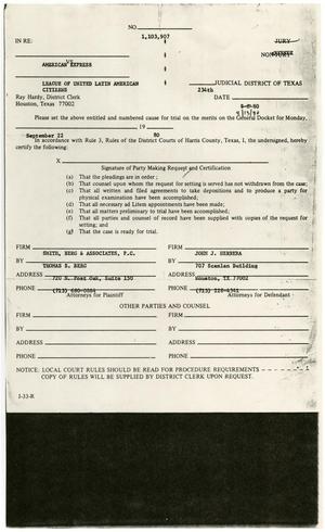[Notice of Trial Date with envelope, American Express vs. LULAC - 1980-08-13]