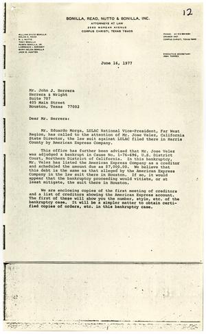 [Letter from William J. Nutto to John J. Herrera with Legal Order for Bankruptcy Meeting for Joe Velez - 1977-06-16]
