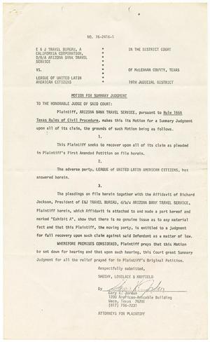 [Motion for Summary Judgement and Affidavit, E & J Travel Bureau dba Arizona Bank Travel Service vs. LULAC, 1977-03-10]