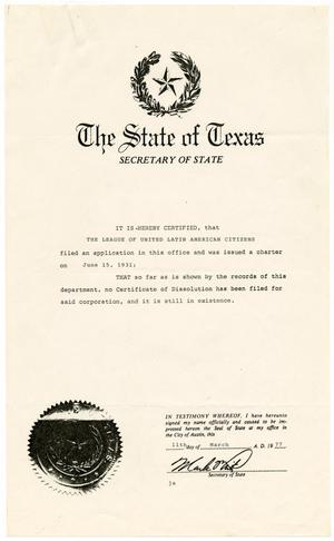 [Certification of LULAC Charter, March 11, 1977]