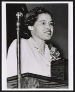 [Rosa Parks speaking at an event, likely in Los Angeles, California, after the Montgomery Bus boycott] [graphic] /