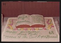 [Rosa Parks' birthday cake at party and tribute organized by Detroit friends O'Neil Swanson and Louise Tappes, 1981] [graphic].